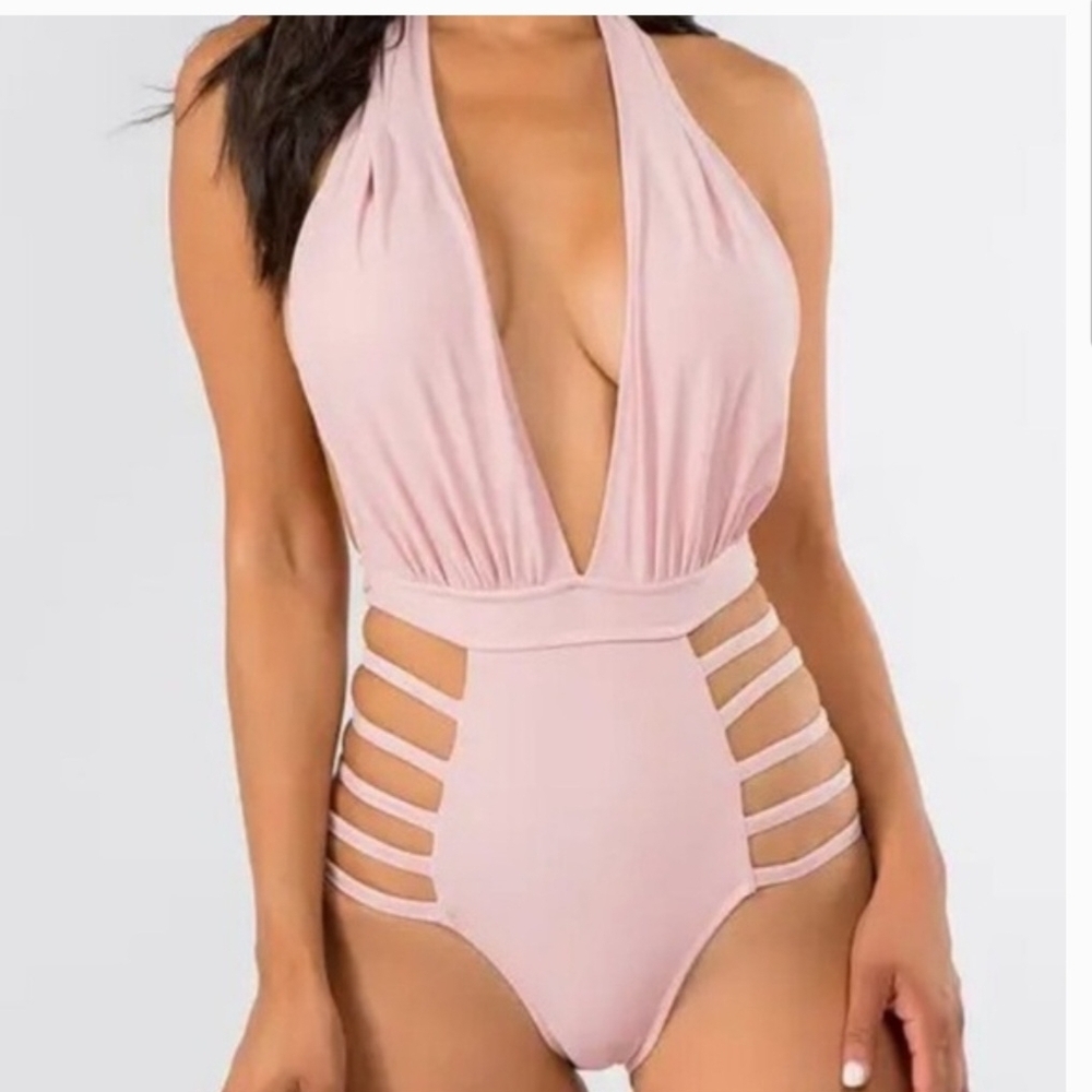Elegant Pink Halter One-Piece Swimsuit